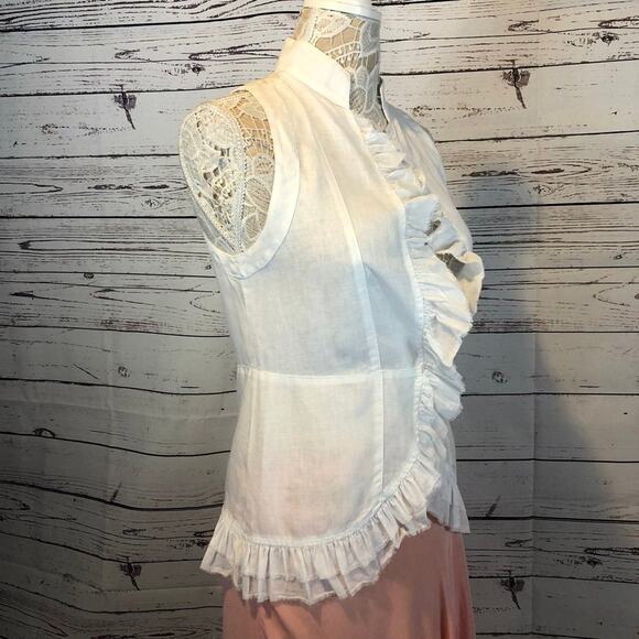 Subtle Luxury Linen White sleevless top with ruffels and high neck size small - Picture 3 of 12
